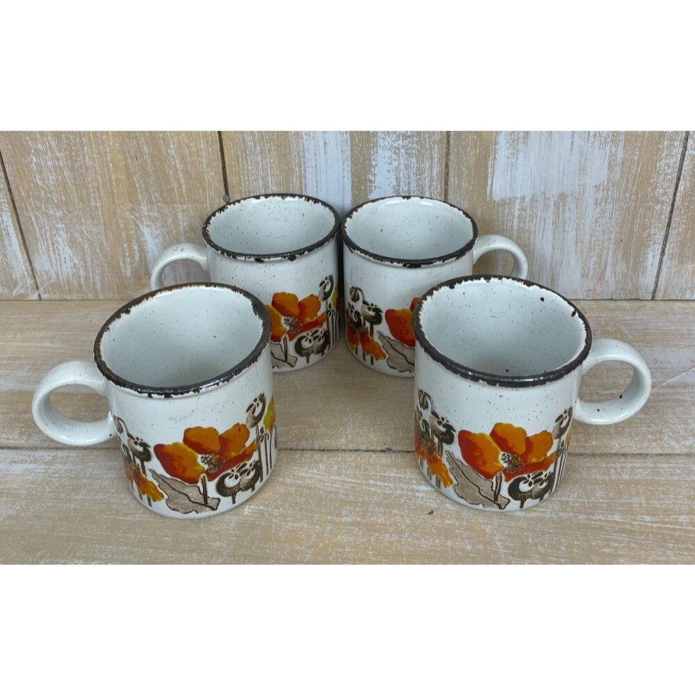 Midwinter Mugs 8 Oz Autumn Poppies Red Orange Stonehenge 1970s Vintage 4 Pc